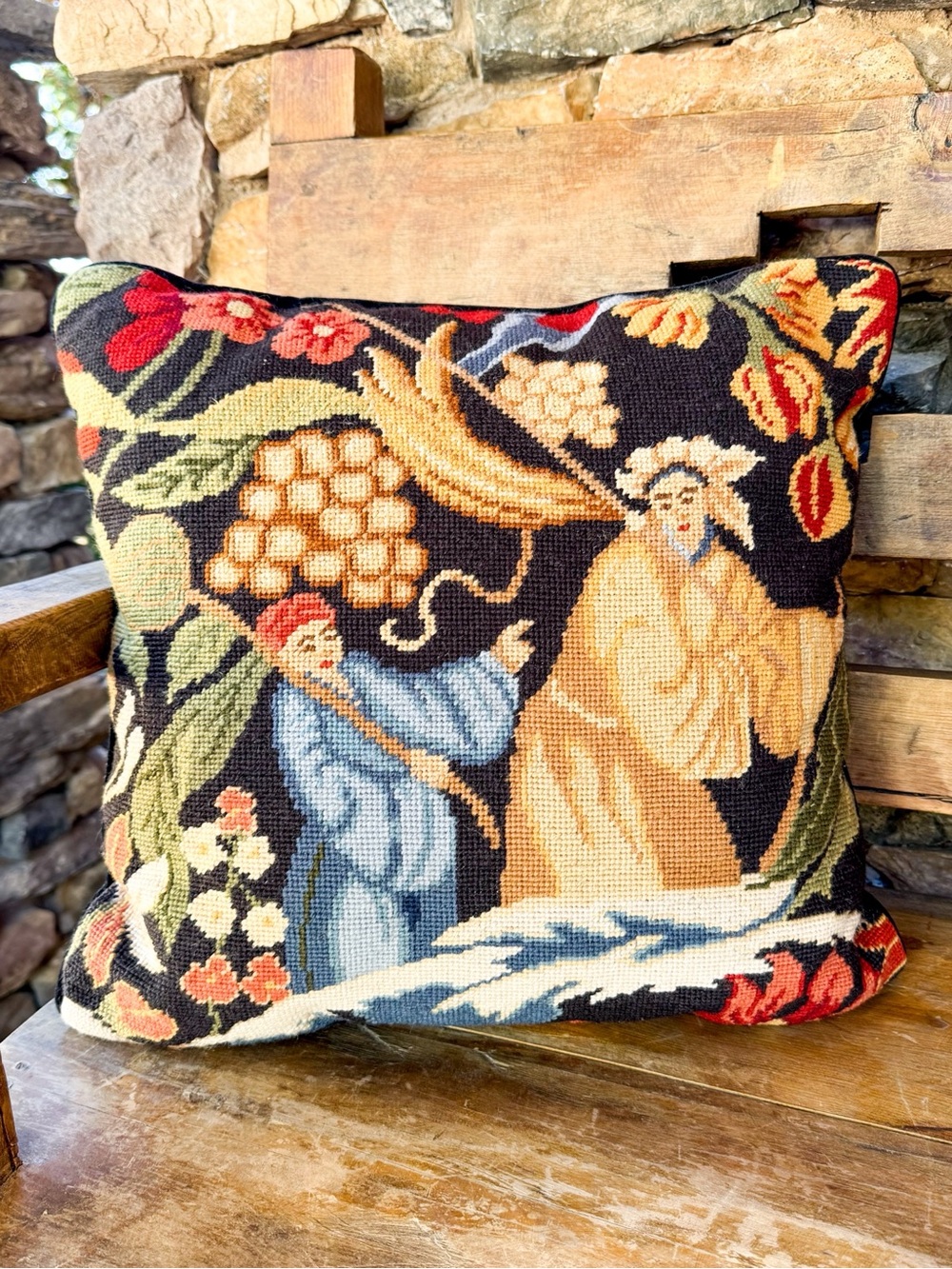 Vintage Needlepoint Chinoiserie Decorative Throw Pillow